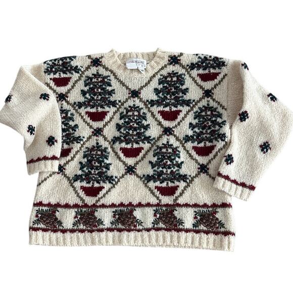 Talbots Wool Christmas Sweater Trees & Pinecones Petite PS